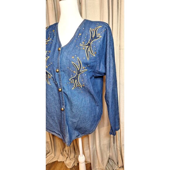 Bingo Bingo Vintage Embroidered Denim Button Up Top Shoulder Pads Womens Sz 10p - Picture 3 of 11